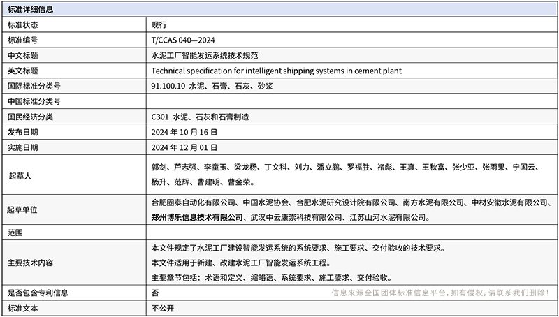 鄭州博樂信息參與制定的《水泥工廠智能發運系統技術規范》已實施